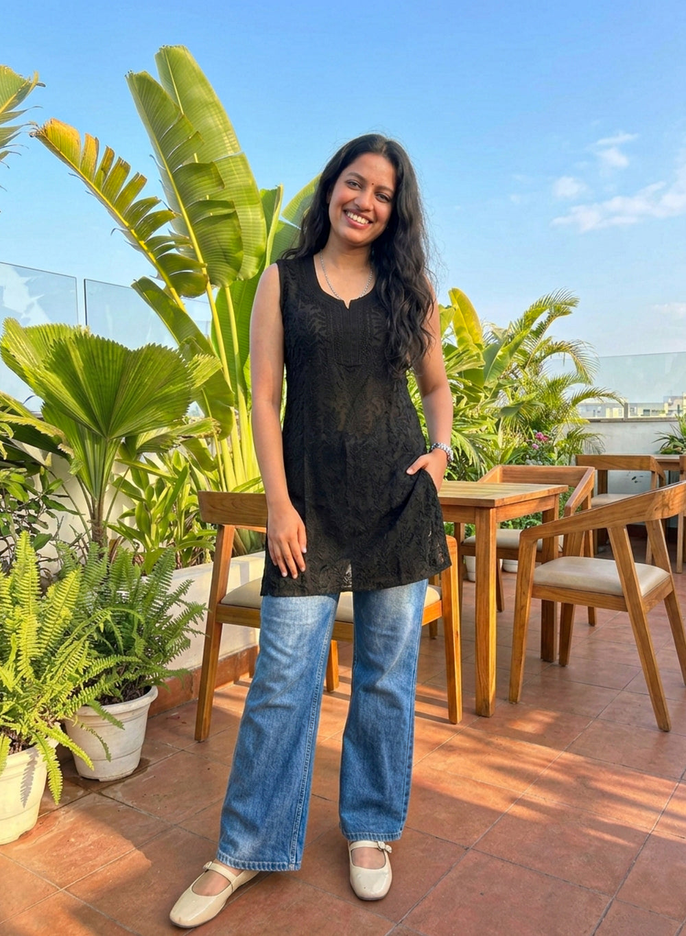 Black - Gulshan Viscose Front Jaal Chikankari Shot Top