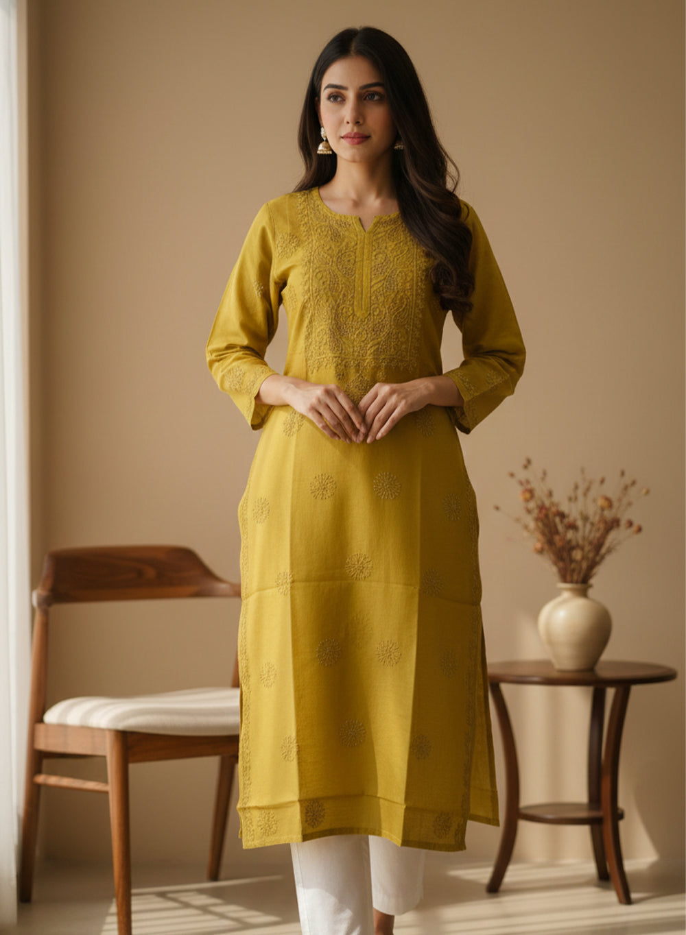 Swara Mustard - Anjuman Chanderi Cotton Chikankari Kurta