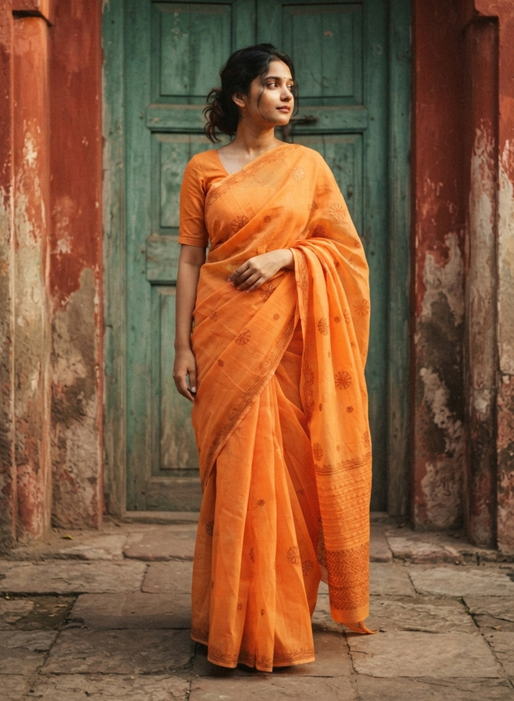 Orange - Cotton Terry Voile Daraz Work Aks Chikankari Saree
