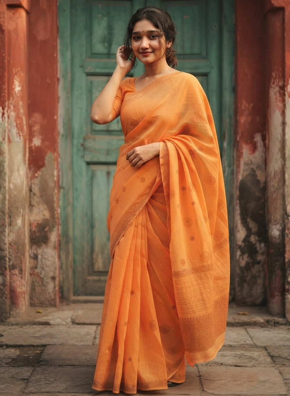 Orange - Cotton Terry Voile Daraz Work Aks Chikankari Saree