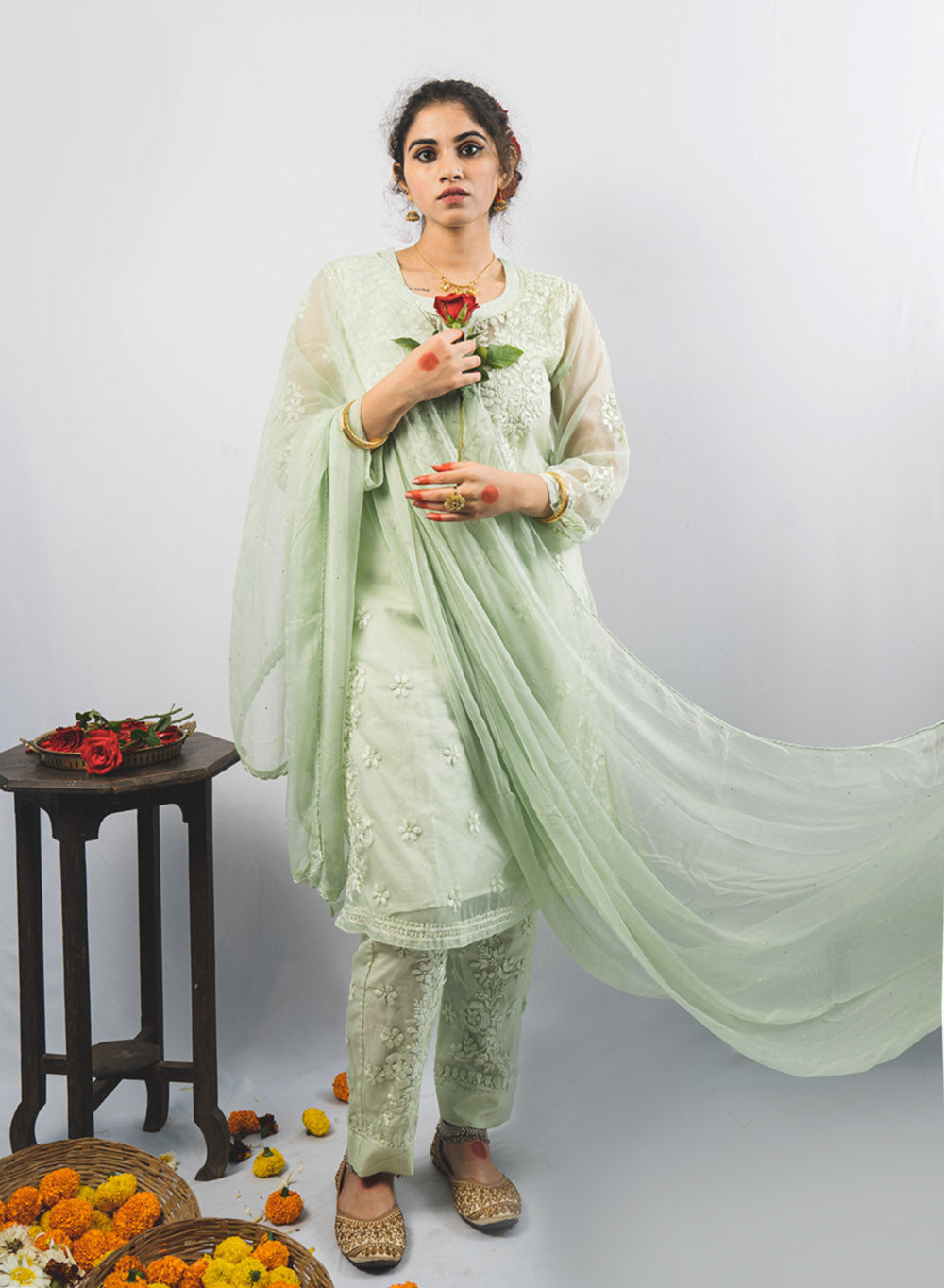 Nargis Green Yellow - Organza Chikankari Co-Ord Set