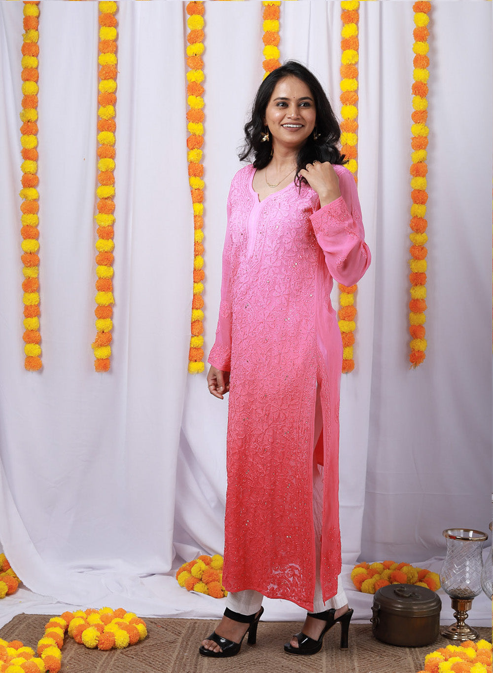 Nazakat Dark Pink - Anjuman Viscose Ombre Front Jaal Chikankari Kurta