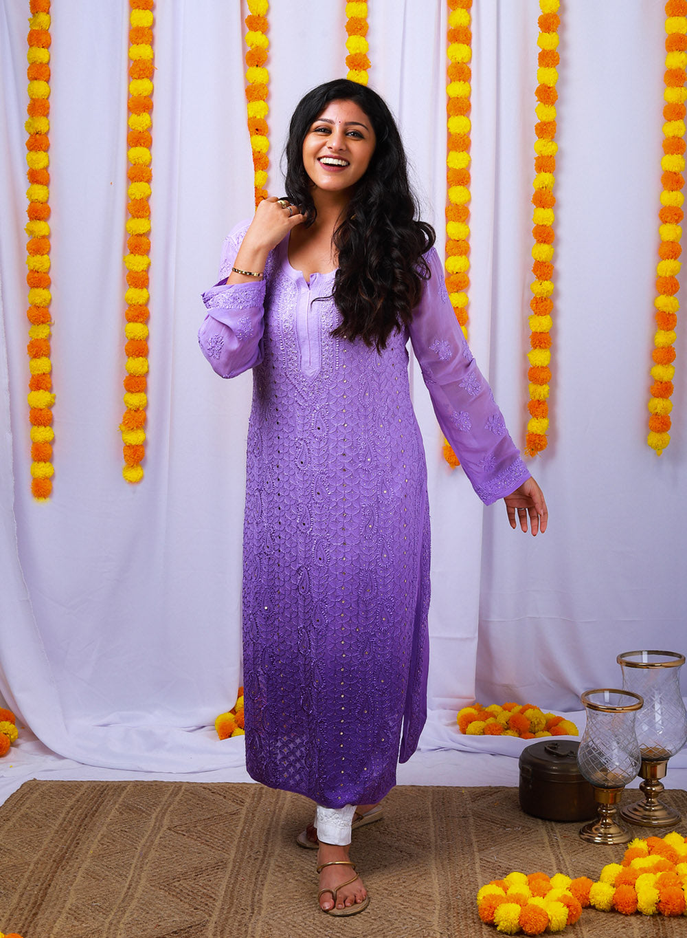 Nazakat Lavender - Anjuman Viscose Ombre Front Jaal Chikankari Kurta