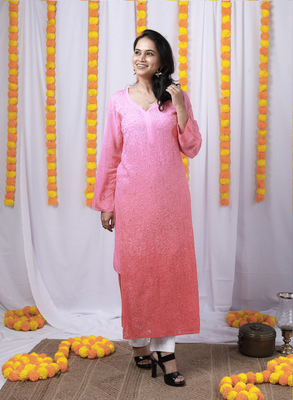 Nazakat Light Pink - Anjuman Viscose Ombre Front Jaal  Chikankari Kurta