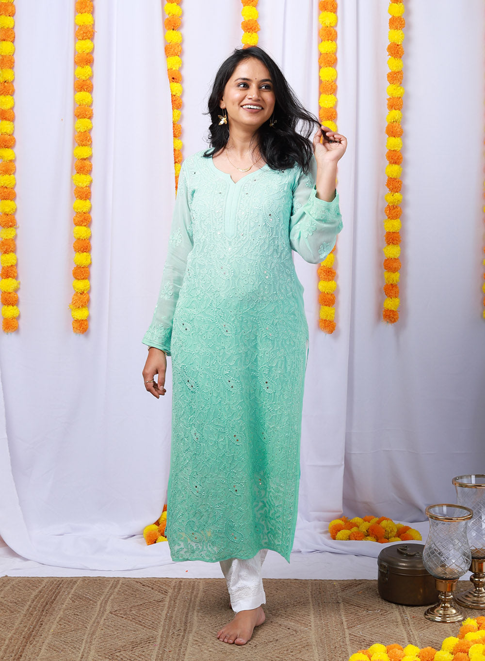 Nazakat Sea Green - Anjuman Viscose Ombre Front Jaal Chikankari Kurta