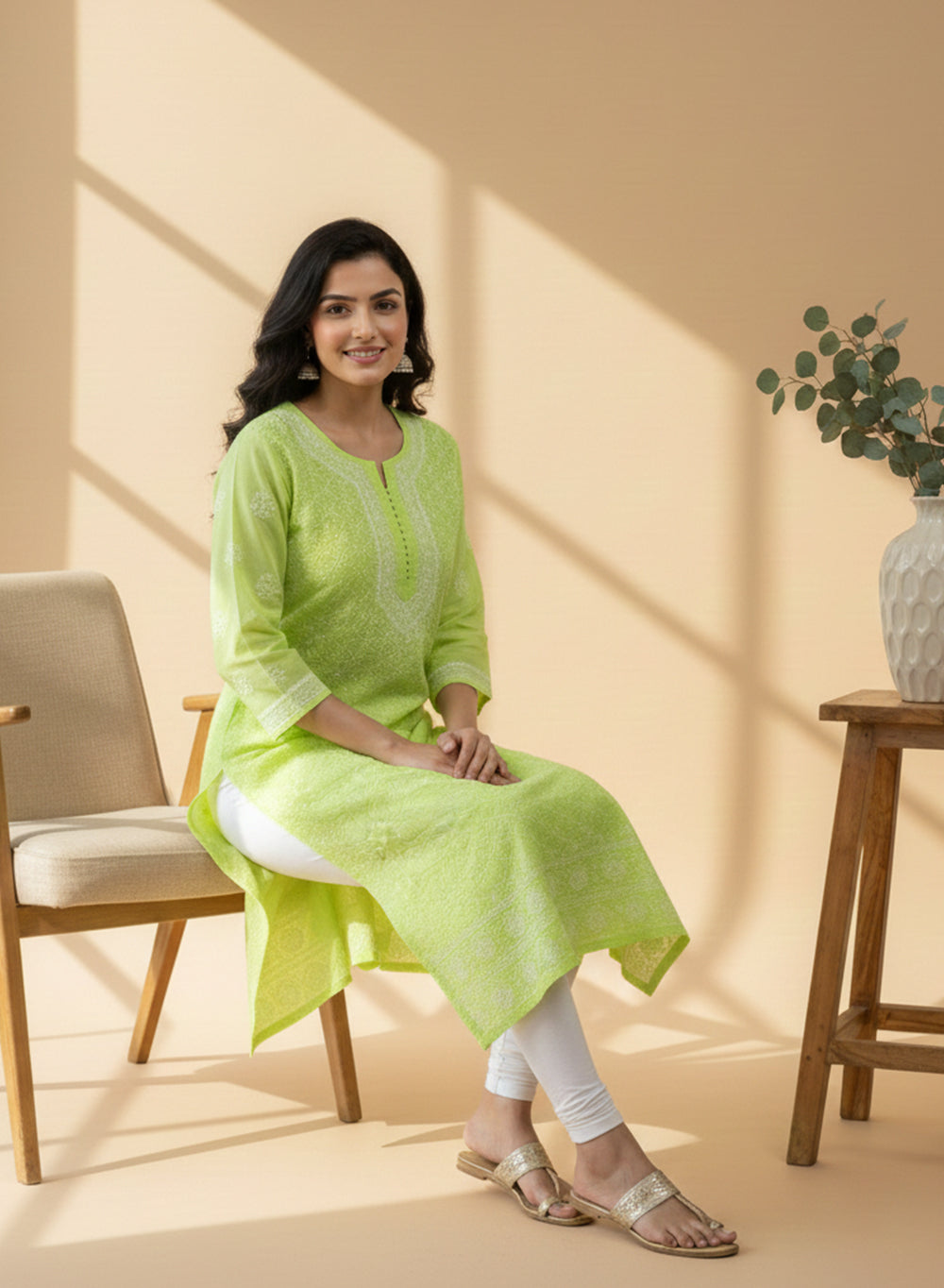 Neon Green - Bahaar Cotton Terry Voile Chikankari Kurta