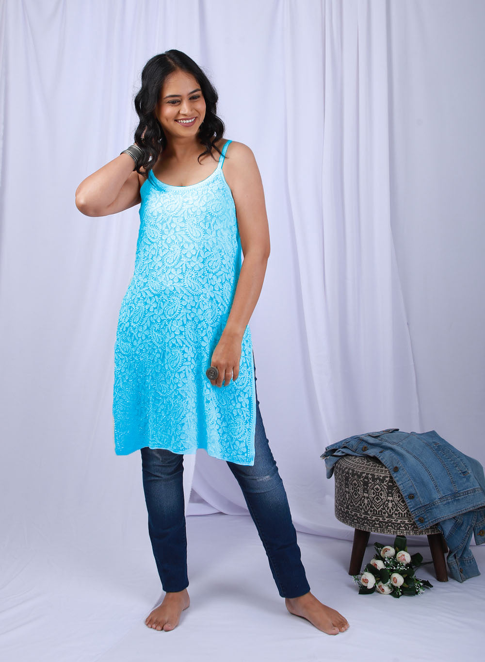 Noori Sky Blue - Bahaar Viscose Noodle Strap Chikankari Kurta