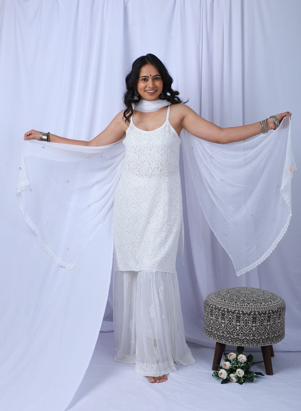 Noori White - Bahaar Viscose Noodle Strap Chikankari Kurta