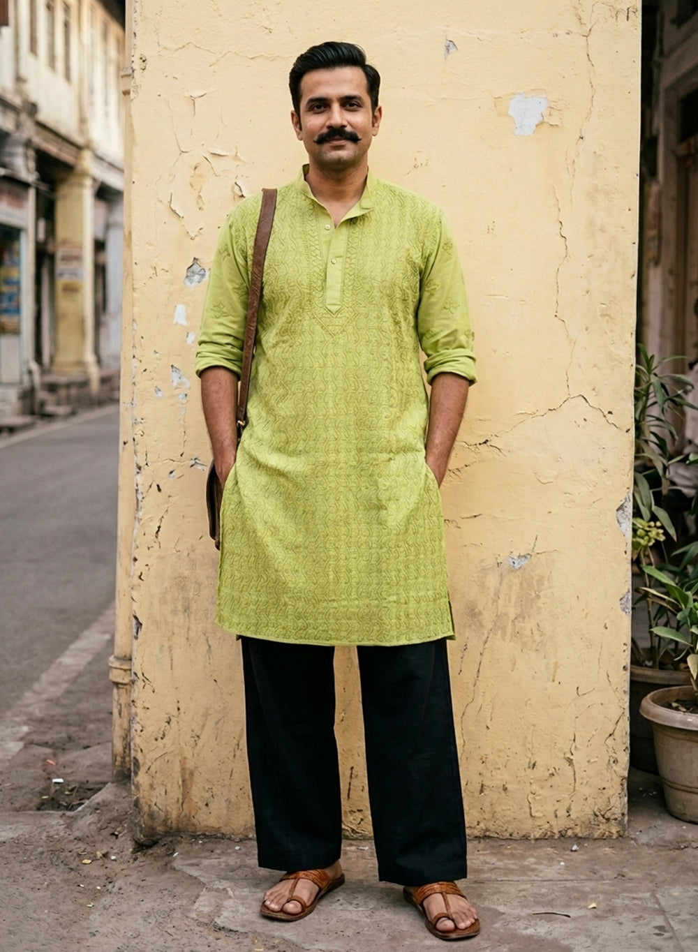 Green - Nawab Cotton Vertical Design Front Jaal Chikankari Long Kurta