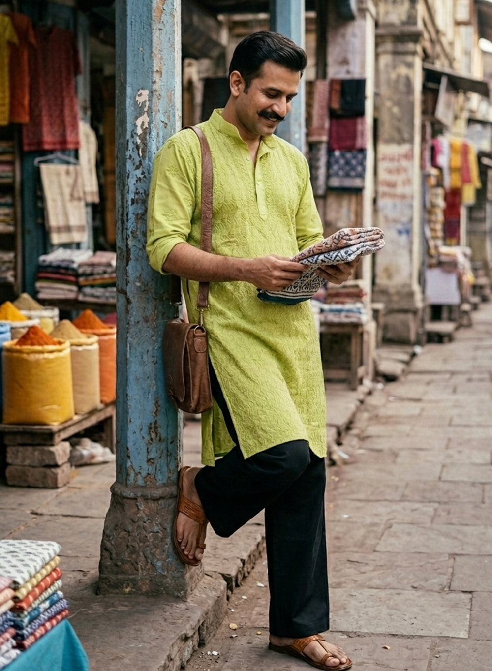 Green - Nawab Cotton Vertical Design Front Jaal Chikankari Long Kurta