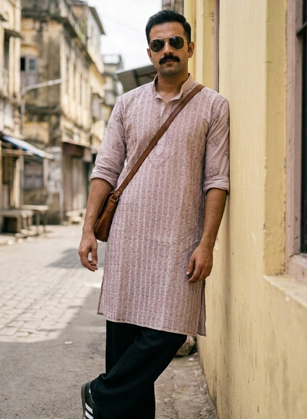 Onion Pink - Nawab Cotton Vertical Design Front Jaal Chikankari Long Kurta