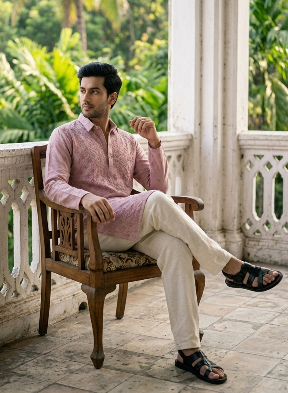 Onion Pink - Nawab Floral Front Jaal Cotton Chikankari Kurta