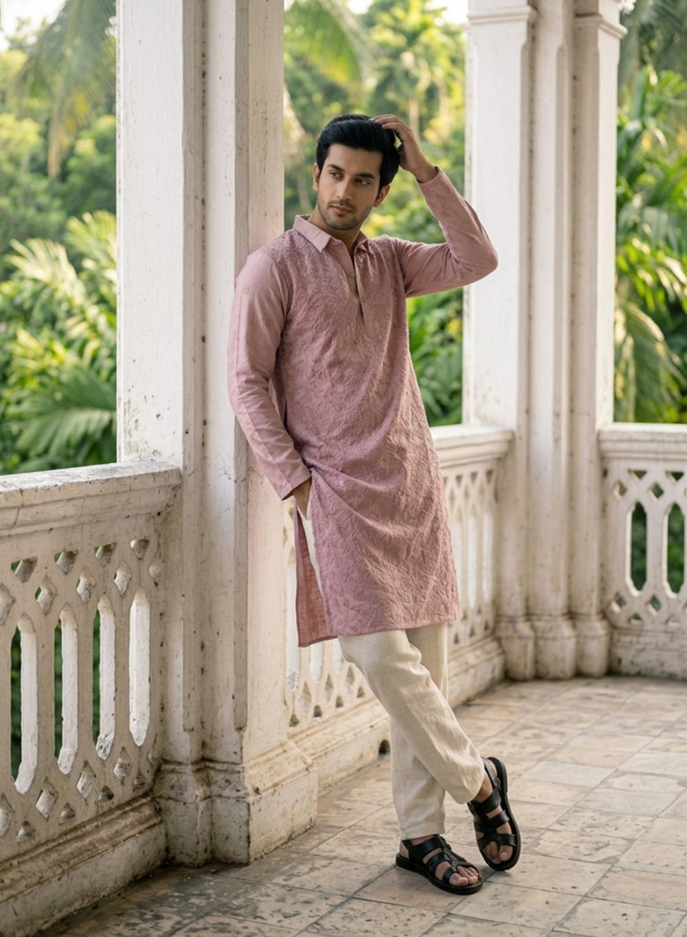 Onion Pink - Nawab Floral Front Jaal Cotton Chikankari Kurta