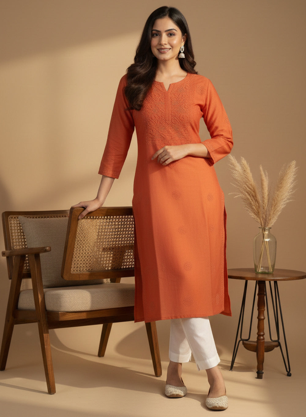 Swara Orange - Anjuman Chanderi Cotton Chikankari Kurta