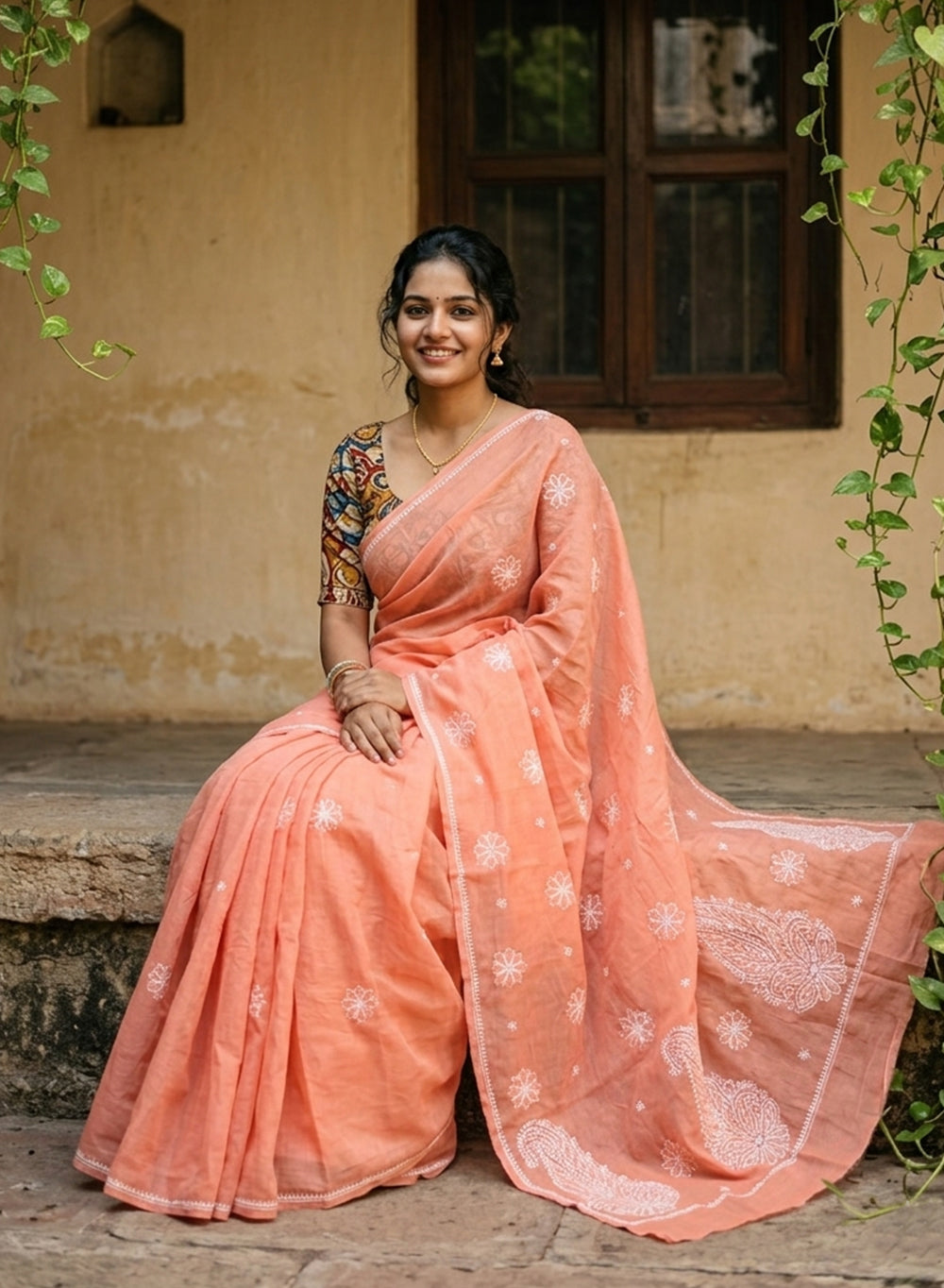 Orange - Cotton Terry Voile Aks Chikankari Saree
