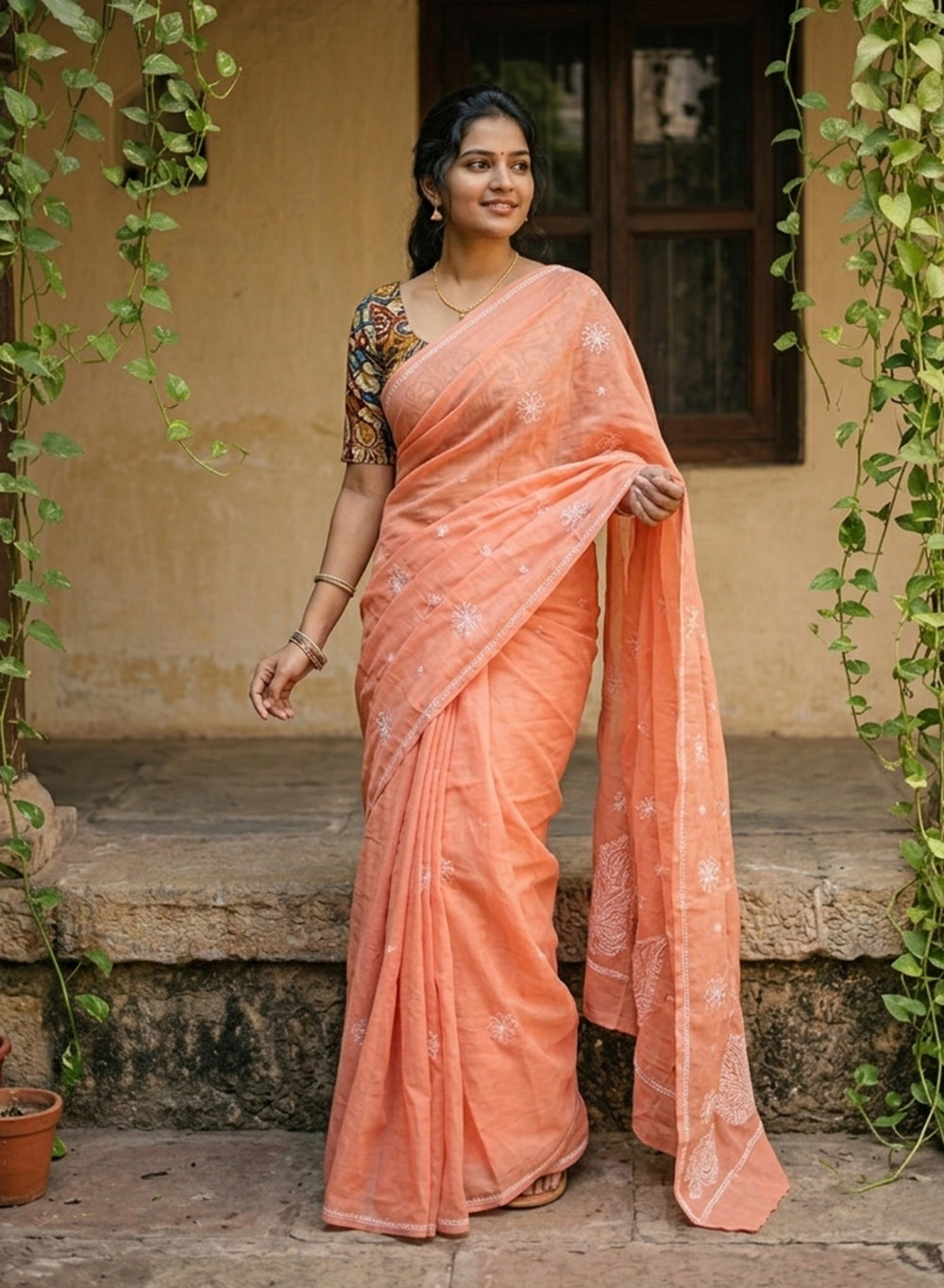 Orange - Cotton Terry Voile Aks Chikankari Saree