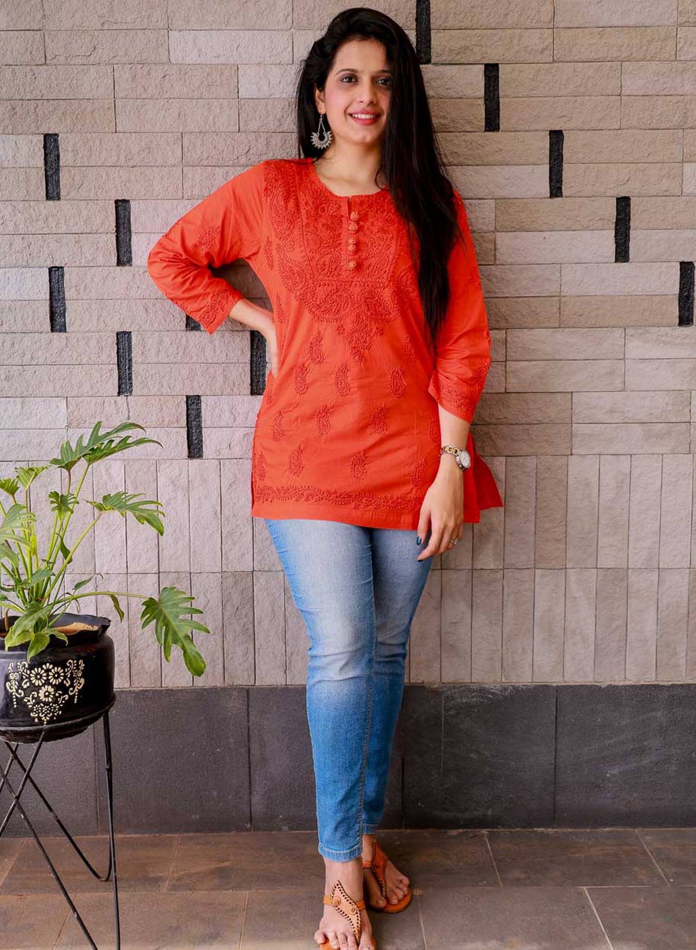 Orange Buttons - Gulshan Cotton Chikankari Short Top