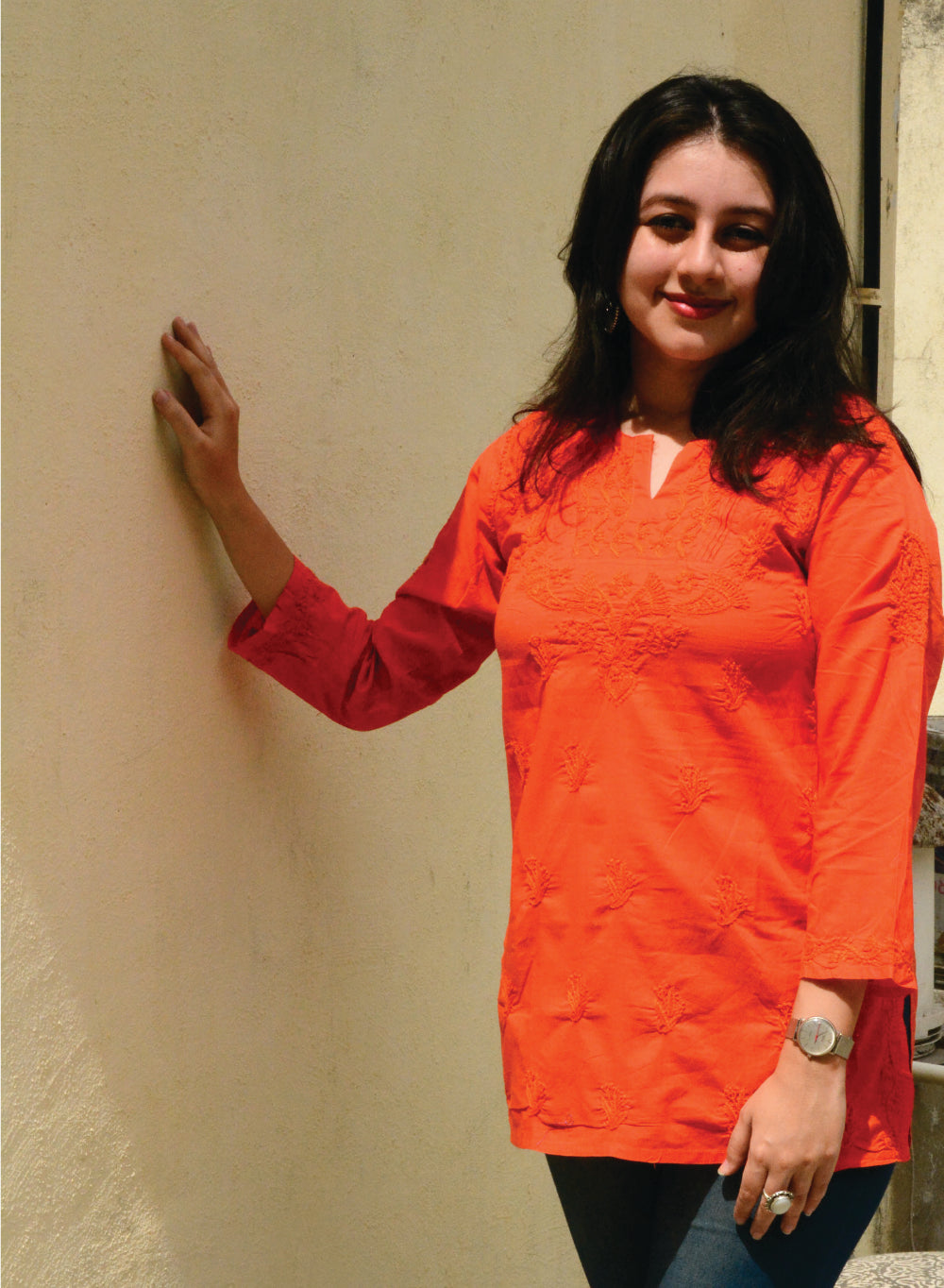 Orange Checks - Gulshan Cotton Chikankari Short Top