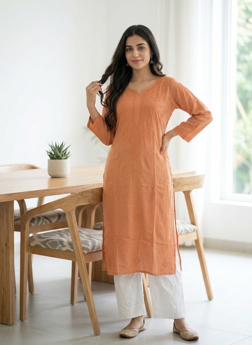 Sadgi Orange - Bahaar Muslin Solid Chikankari Kurta
