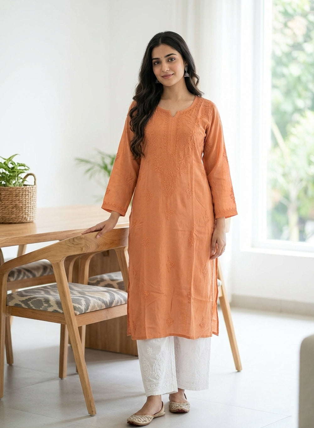 Sadgi Orange - Bahaar Muslin Solid Chikankari Kurta
