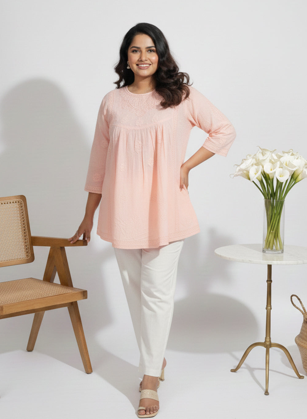 Peach - Resham Thread Gulshan Chikankari Short Top