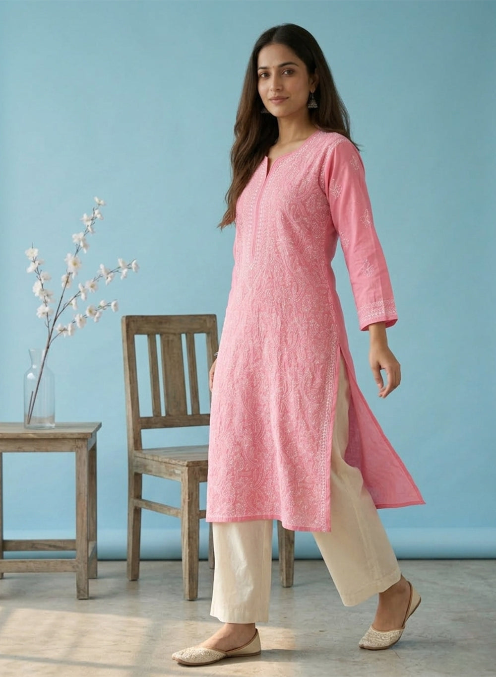 Peach Pink - Bahaar Cotton Terry Voile Chikankari Kurta