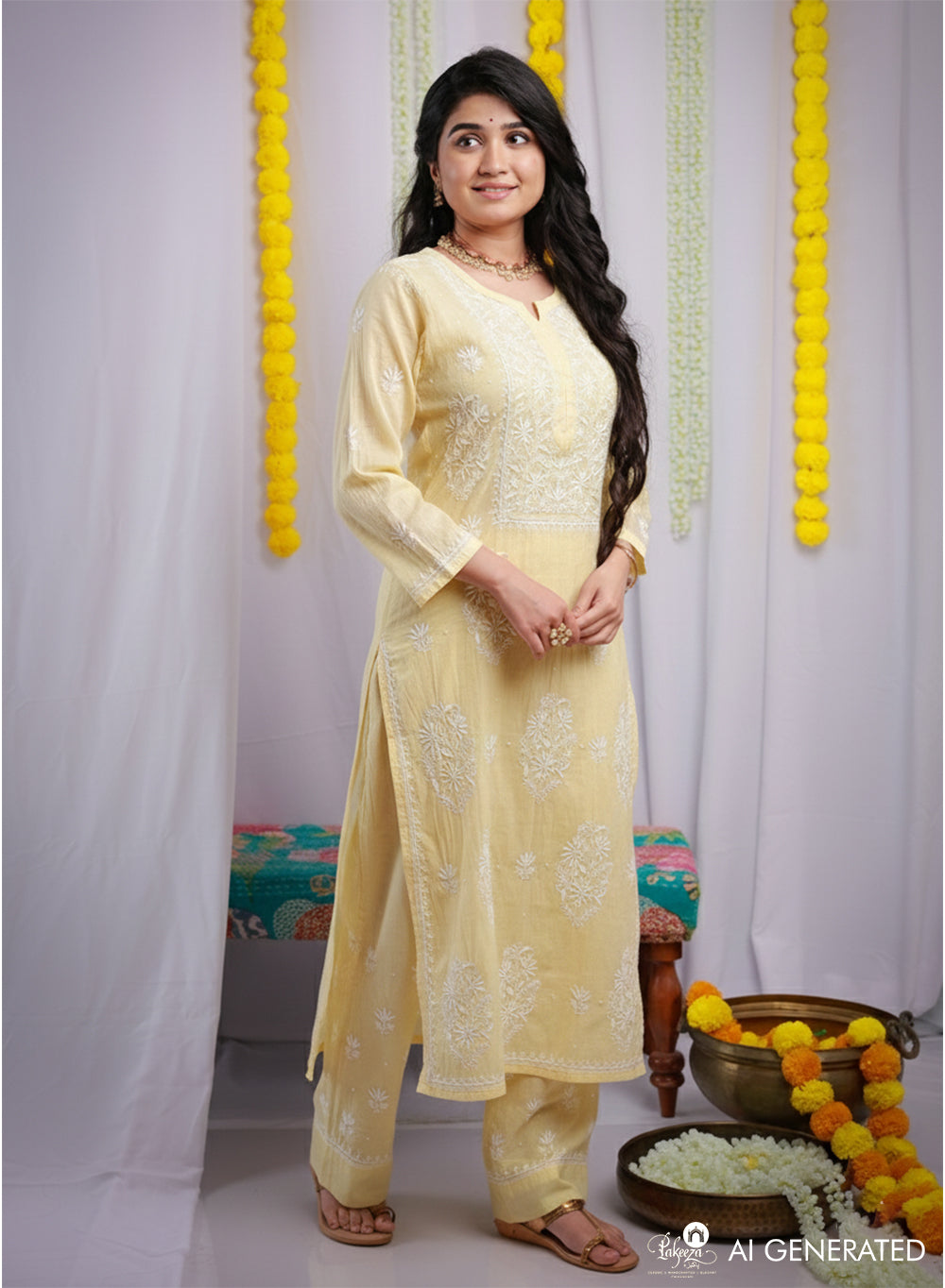 Eraya Pale Yellow - Mul Chanderi Nargis Chikankari Set
