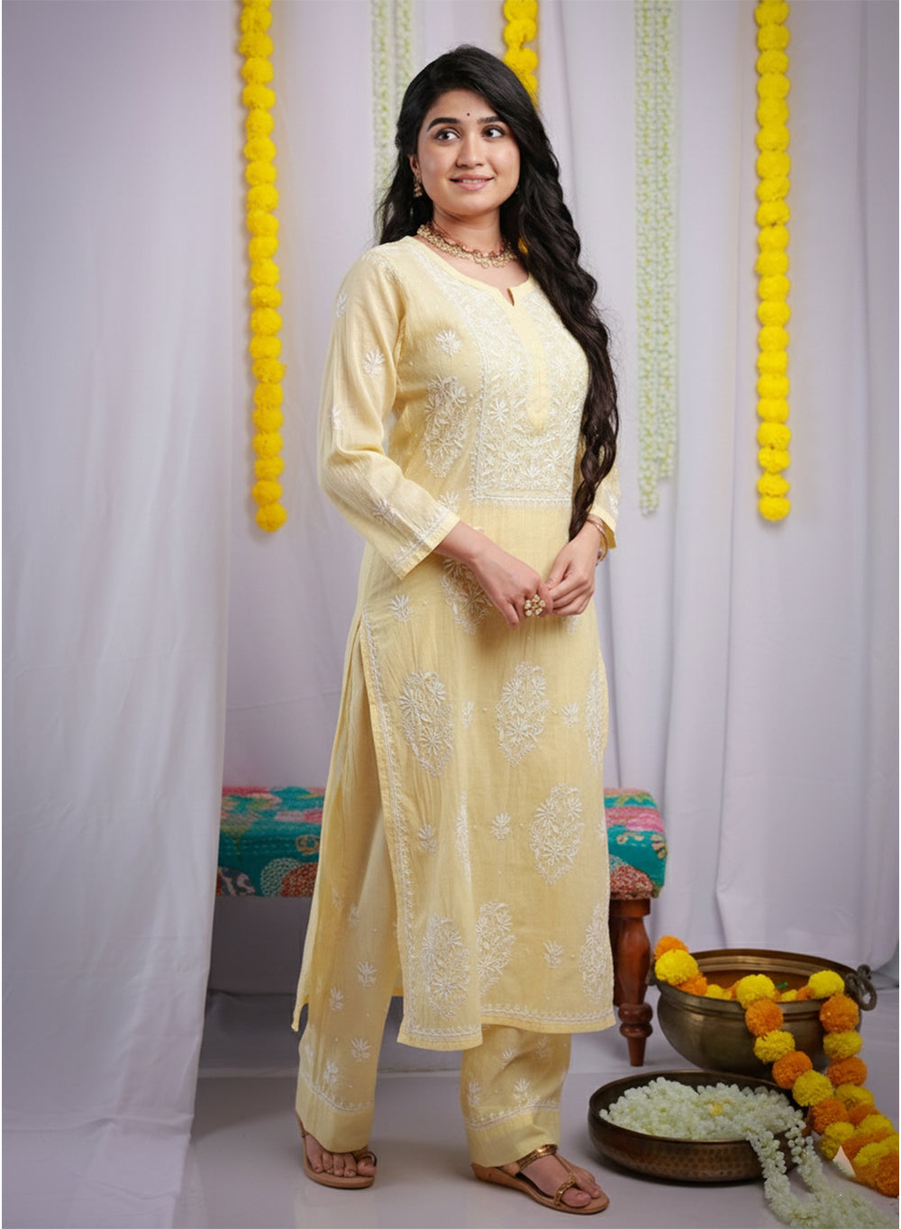 Eraya Pale Yellow - Mul Chanderi Nargis Chikankari Set