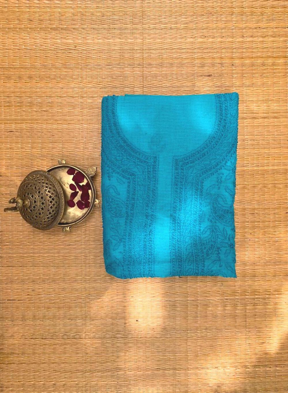 Blue On Blue Zari Border - Dhoop Kinaray Kota Cotton Chikankari Kurta Fabric