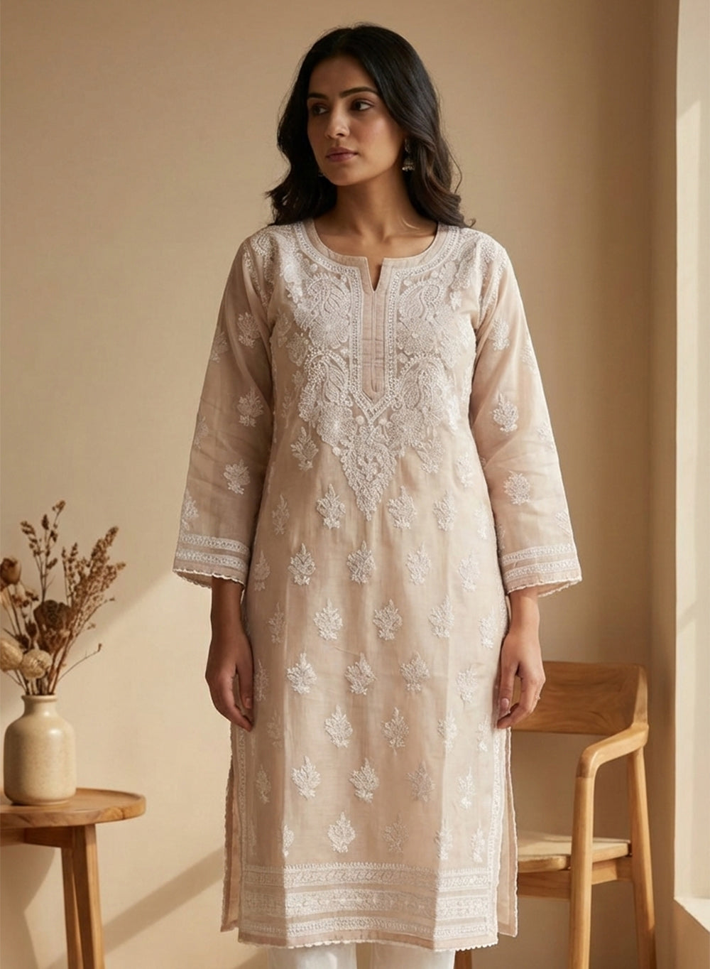Pale Pink With Crochet Lace - Cotton Terry Voile Bahaar Chikankari Kurta With Slip