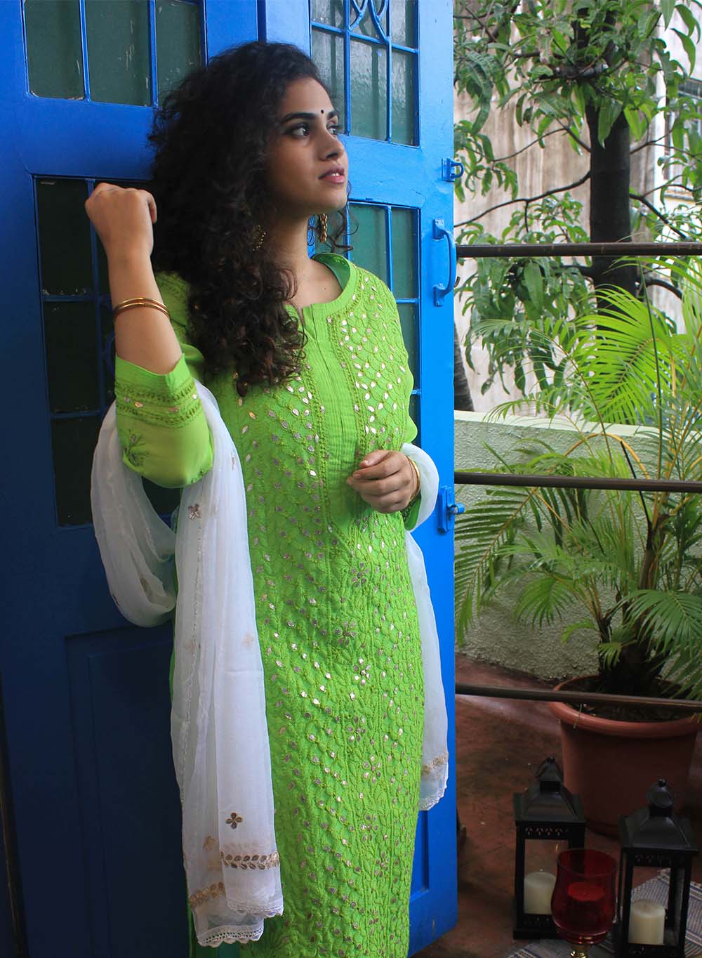 Parrot Green Gota Patti - Firdaus Chanderi Chikankari Kurta