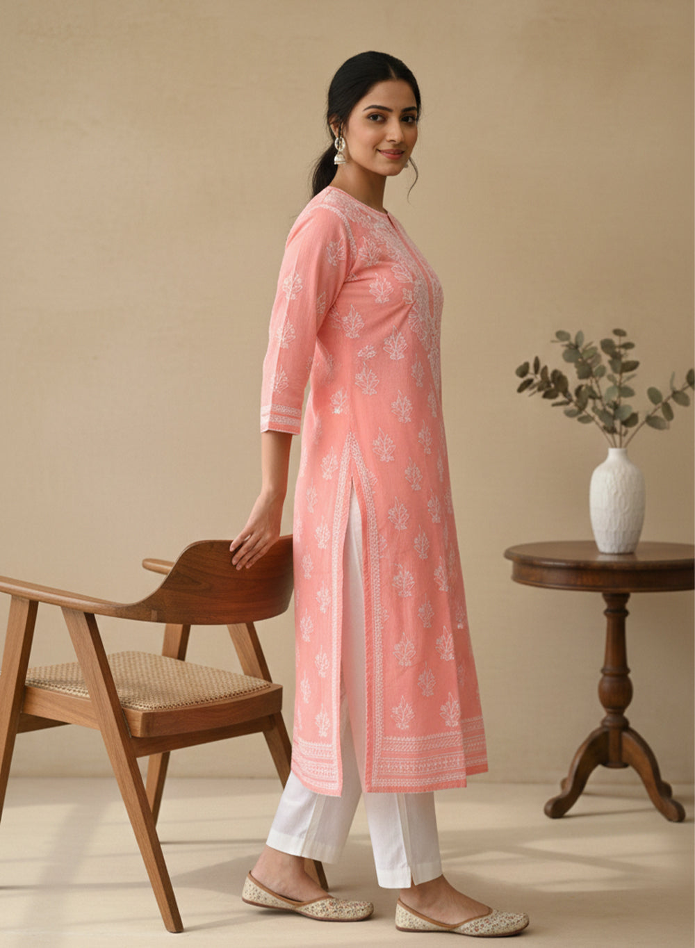 Peach Pink With Crochet Lace - Cotton Terry Voile Bahaar Chikankari Kurta With Slip