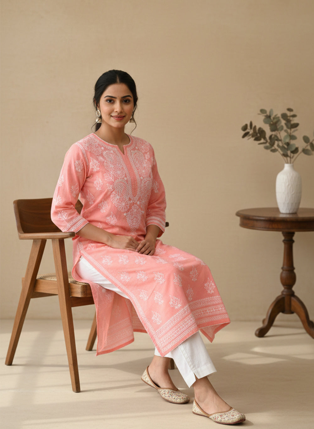 Peach Pink With Crochet Lace - Cotton Terry Voile Bahaar Chikankari Kurta With Slip