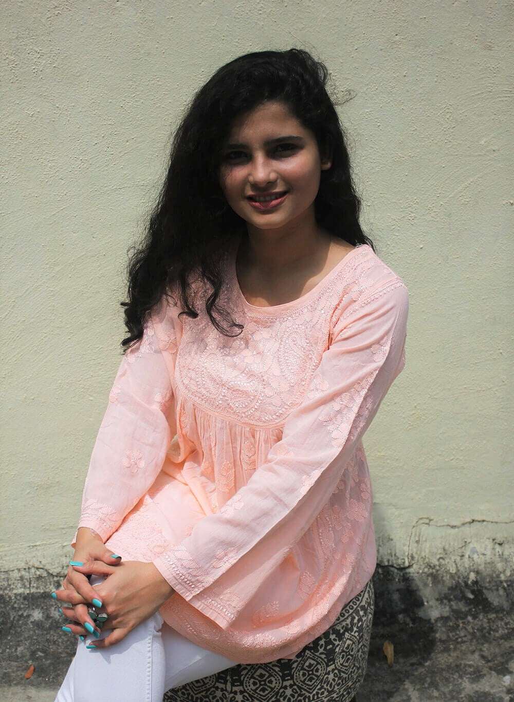 Peach - Resham Thread Gulshan Chikankari Short Top