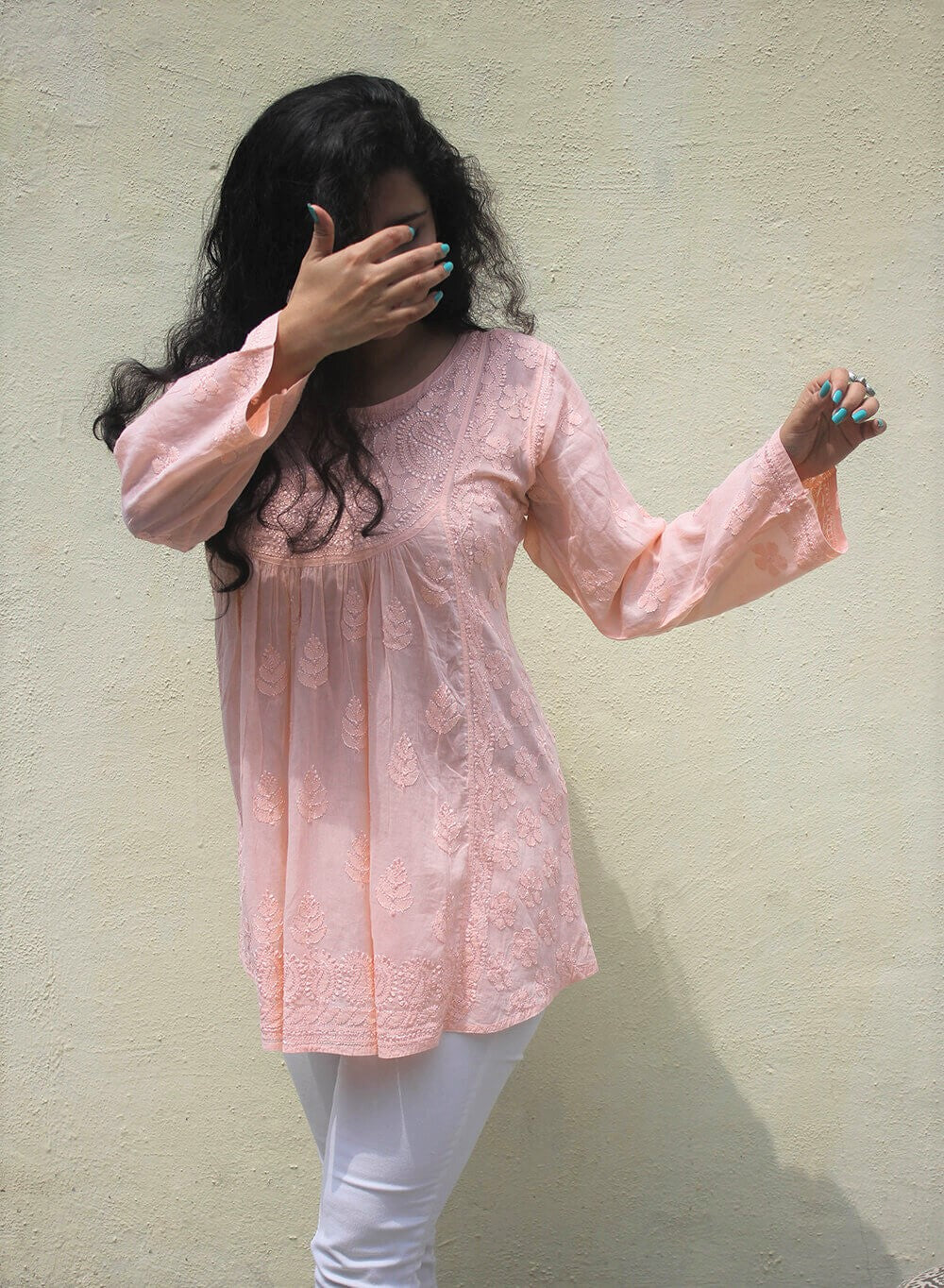 Peach - Resham Thread Gulshan Chikankari Short Top