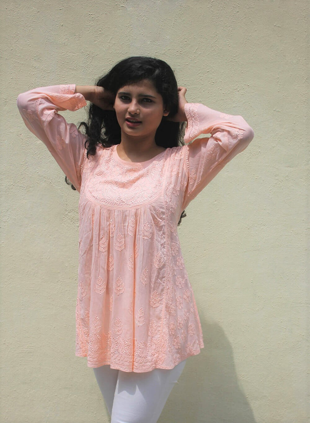 Peach - Resham Thread Gulshan Chikankari Short Top
