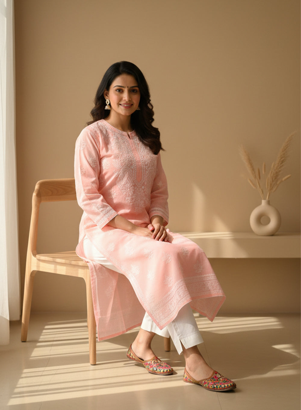 Peach With Crochet Lace - Cotton Terry Voile Bahaar Chikankari Kurta With Slip