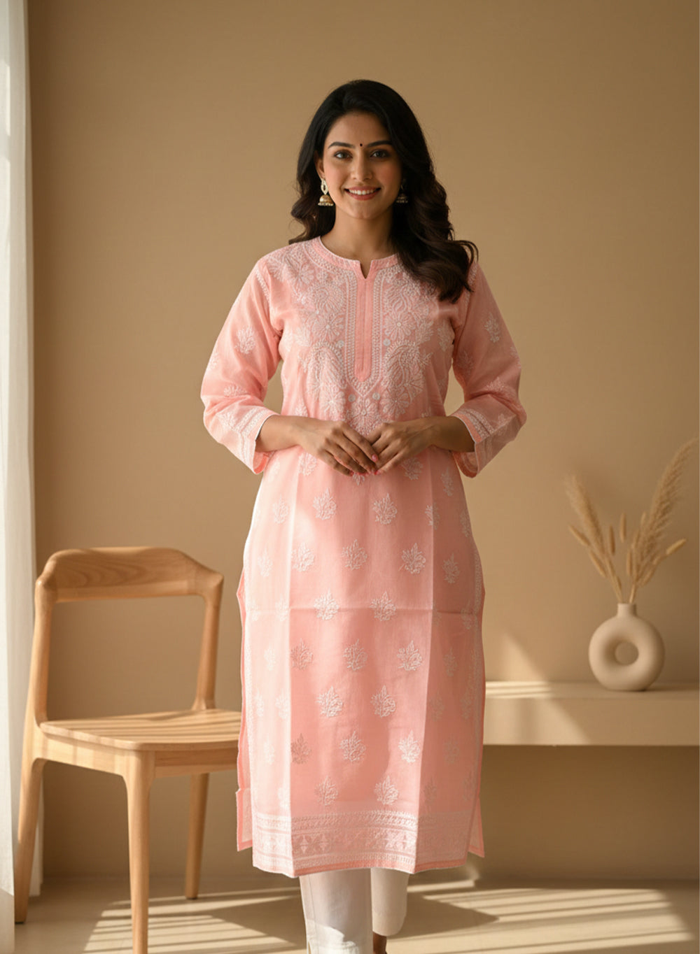 Peach With Crochet Lace - Cotton Terry Voile Bahaar Chikankari Kurta With Slip