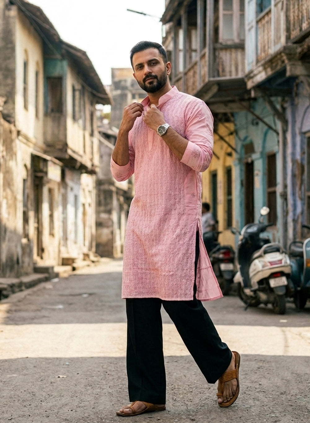 Peach Pink - Nawab Cotton Vertical Design Front Jaal Chikankari Long Kurta