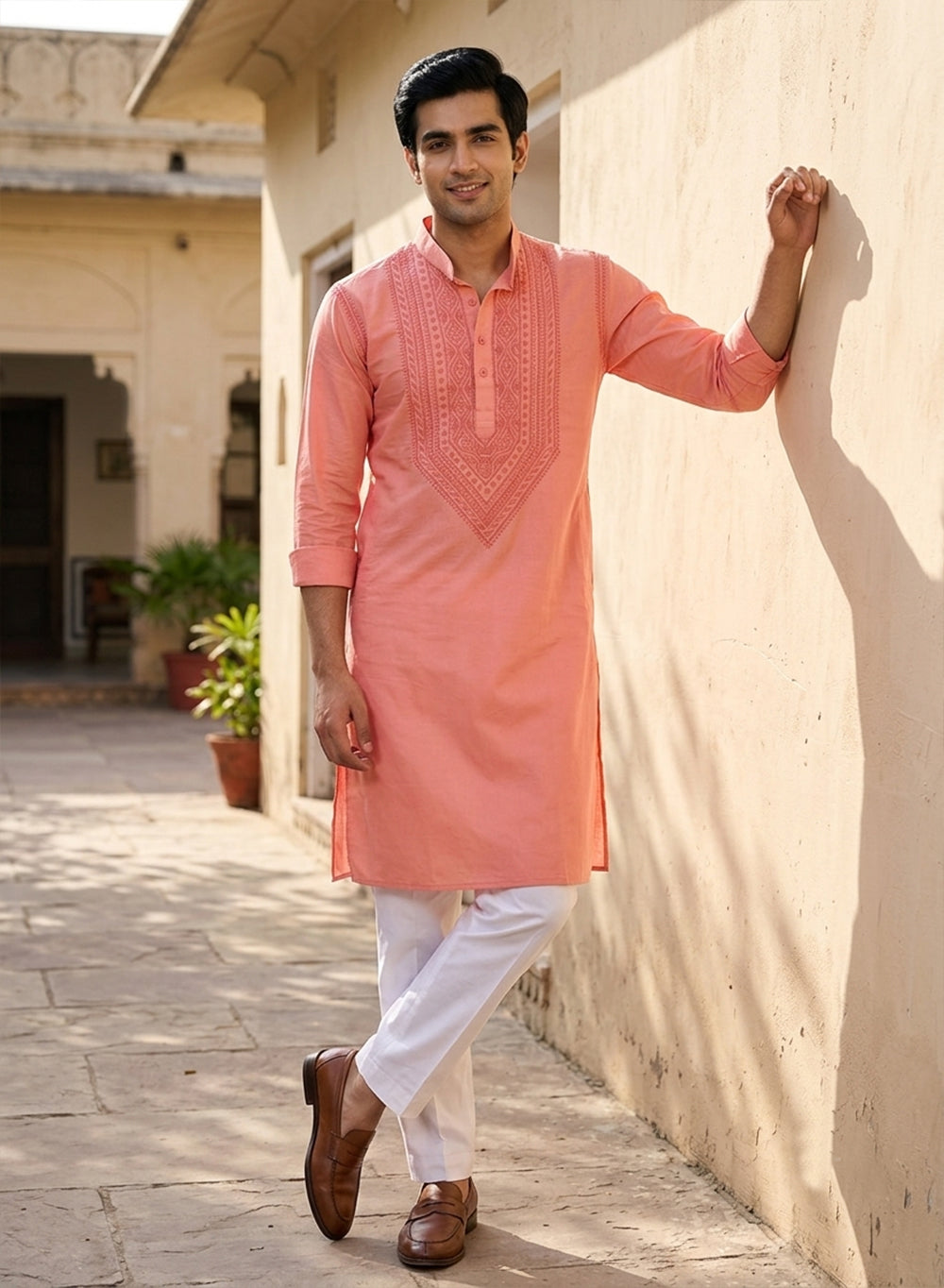 Peach - Nawab Polo Cotton Men Chikankari Long Kurta