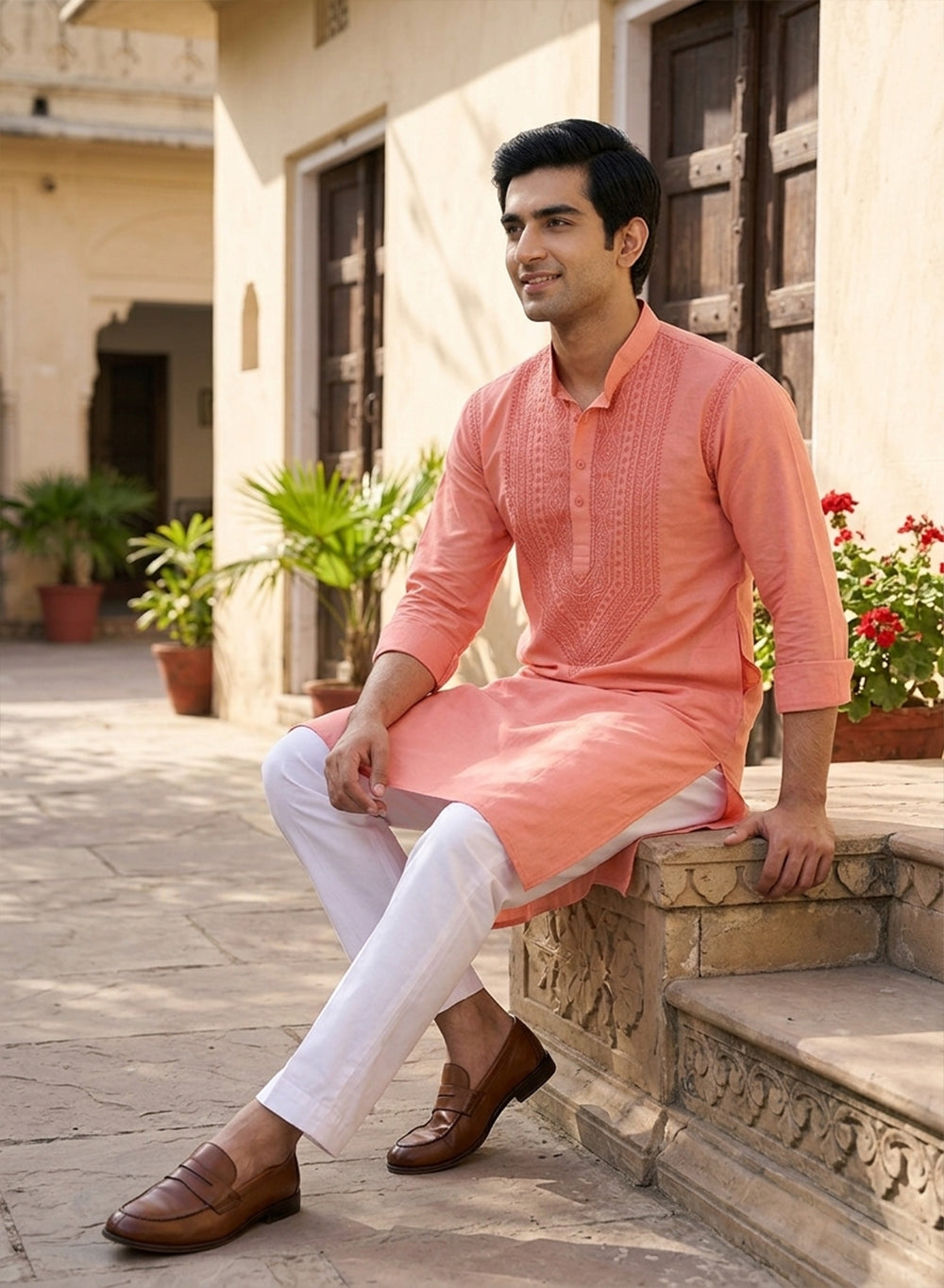 Peach - Nawab Polo Cotton Men Chikankari Long Kurta