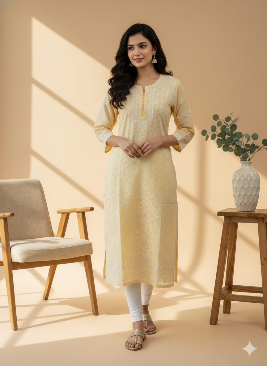 Peach - Bahaar Cotton Terry Voile Chikankari Kurta