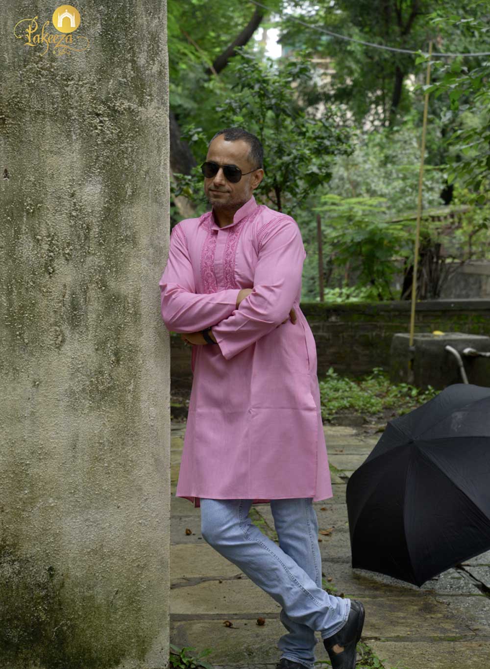 Pink - Nawab Polo Cotton Men Chikankari Long Kurta
