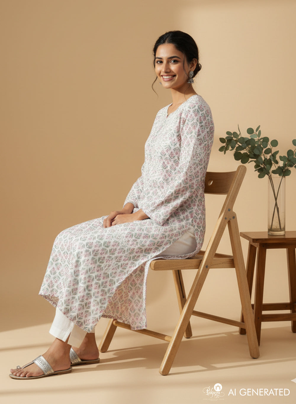 Pink & Sea-Green Floral - Bahaar Mul Cotton Chikankari Kurta