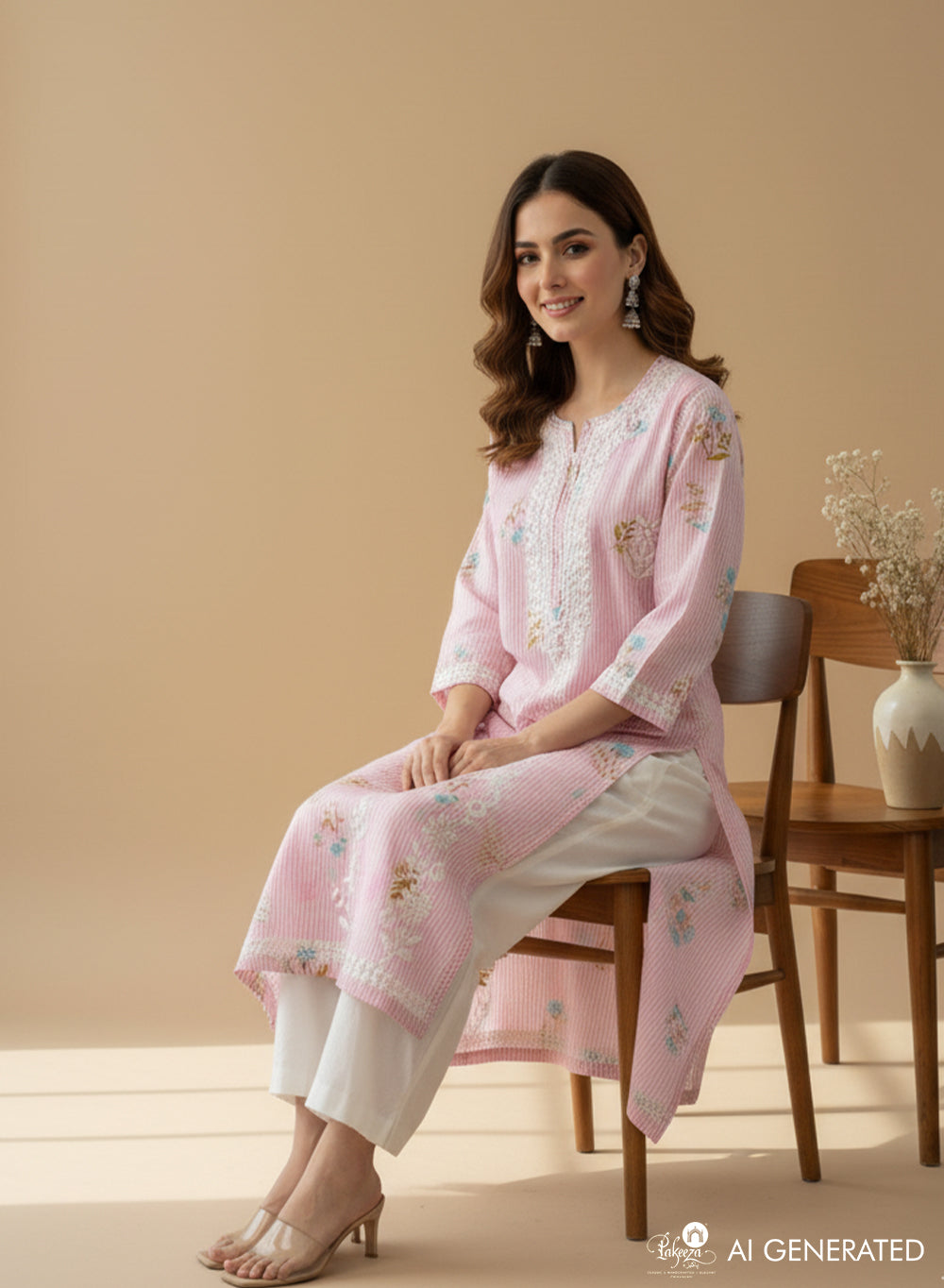 Pink Floral - Bahaar Mul Cotton Chikankari Kurta