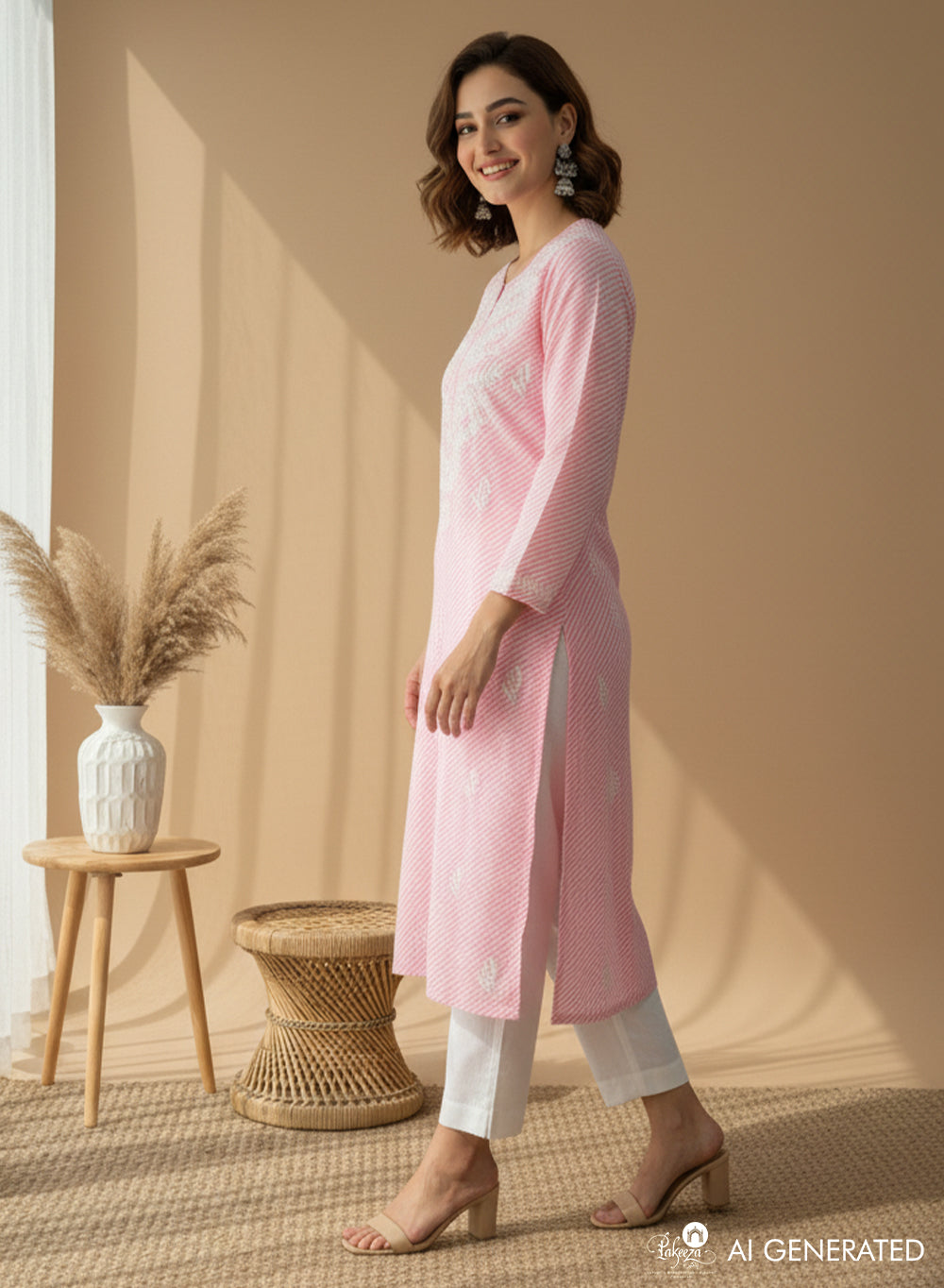 Pink Lehariya - Bahaar Mul Cotton Chikankari Kurta