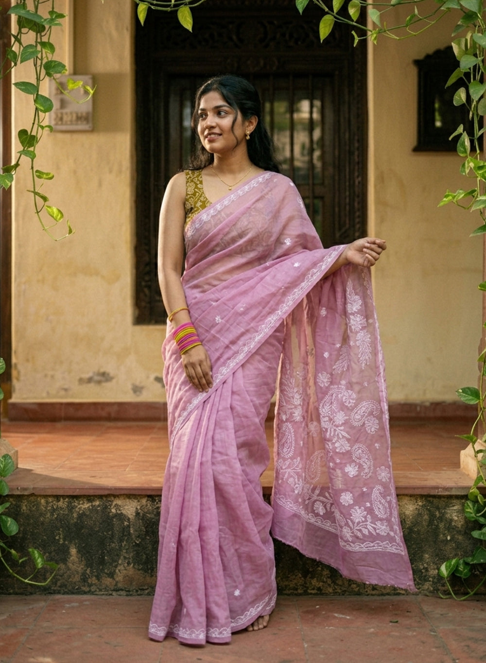 Pale Pink - Cotton Terry Voile Aks Chikankari Saree