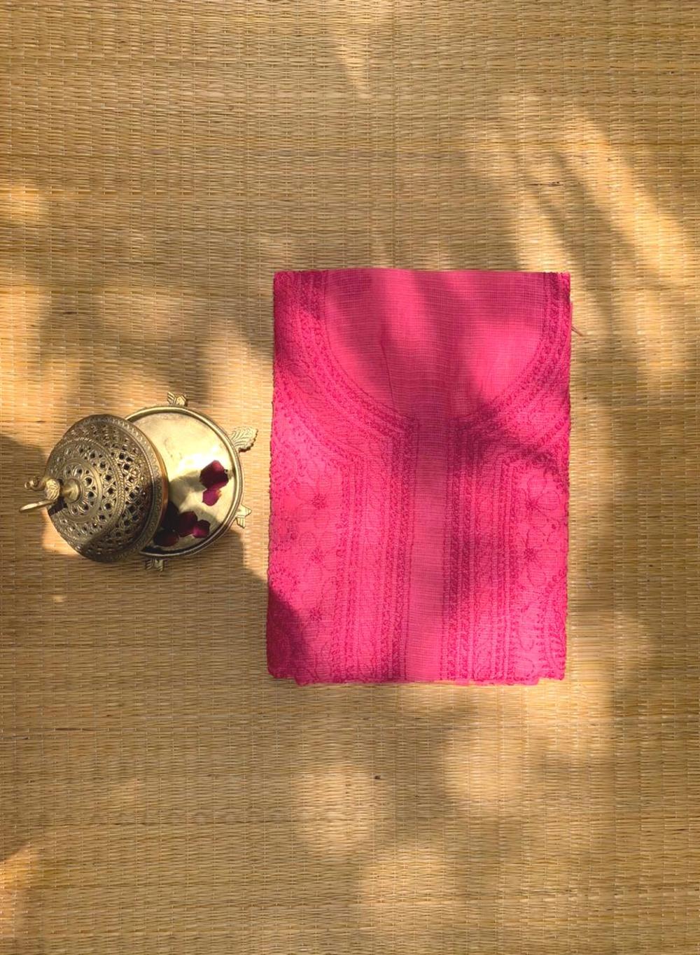 Pink On Pink Zari Border - Dhoop Kinaray Kota Cotton Chikankari Kurta Fabric