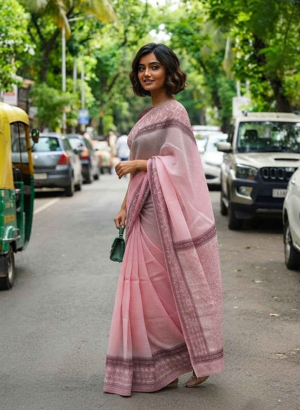 Pink - Kota Printed Aks Hand Embroidered Chikankari Saree