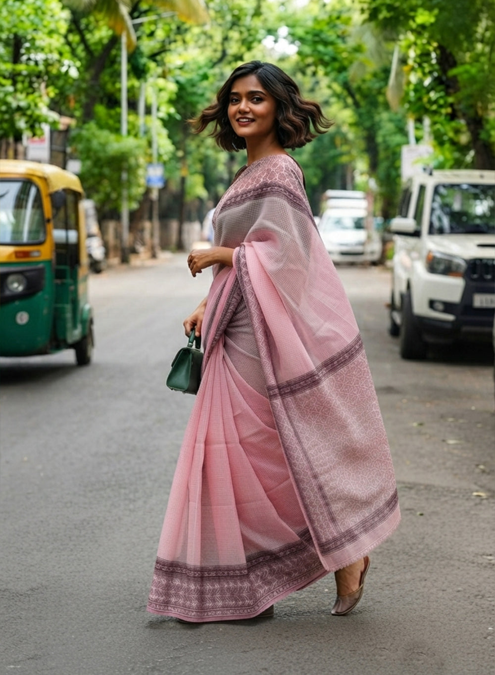 Pink - Kota Printed Aks Hand Embroidered Chikankari Saree